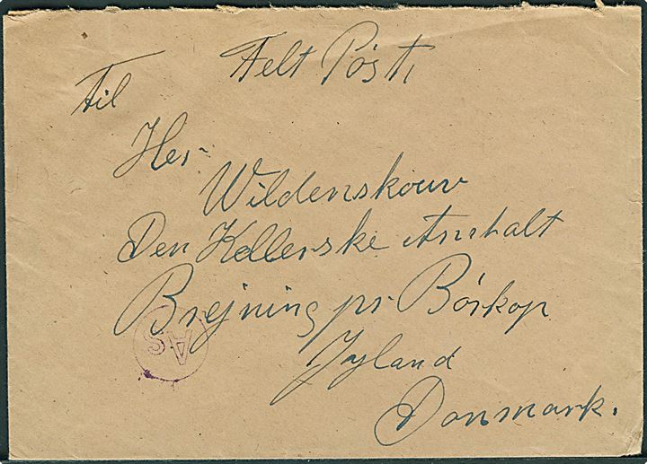 Ufrankeret feltpostbrev fra dansk SS-Sturmmann Rud. H. Nielsen ved SS-Hauptamt D 3 i Berlin ca. 1941 til Den Kellerske Anstalt i Brejning pr. Børkop, Danmark. På forsiden violet SS-feldpost censur “As”.