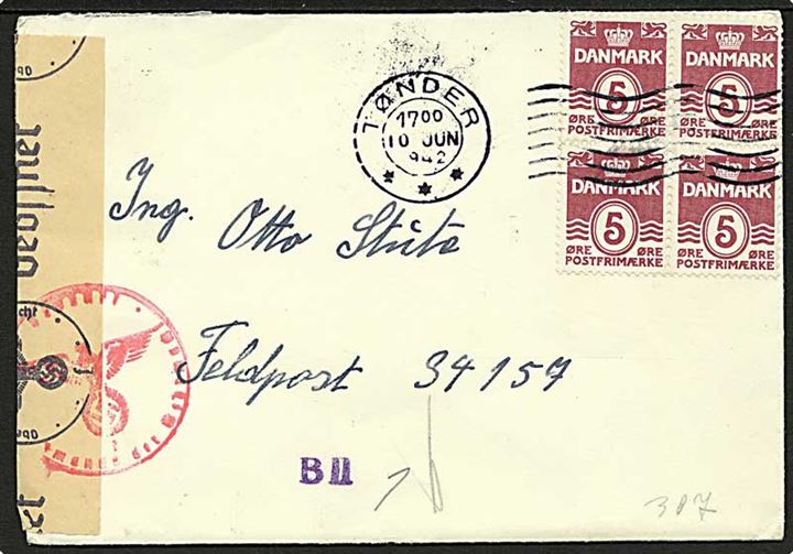 5 øre Bølgelinie i fireblok på brev fra Tønder d. 10.6.1942 til tysk feltpost adresse: Feldpost 34157 (= Kommandierender Admiral in Norwegen). Åbnet af tysk censur i Hamburg.