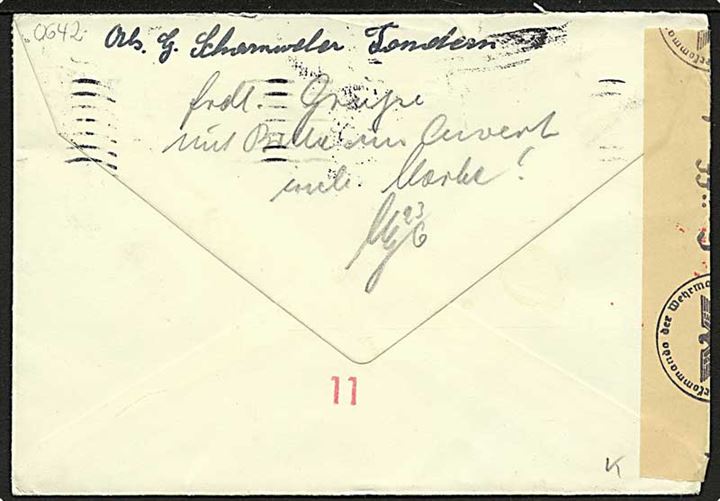 5 øre Bølgelinie i fireblok på brev fra Tønder d. 10.6.1942 til tysk feltpost adresse: Feldpost 34157 (= Kommandierender Admiral in Norwegen). Åbnet af tysk censur i Hamburg.