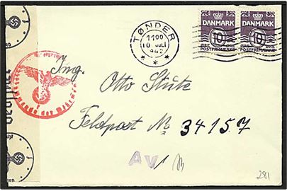 10 øre Bølgelinie i parstykke på brev fra Tønder d. 10.7.1942 til tysk feltpost adresse: Feldpost 34157 (= Kommandierender Admiral in Norwegen). Åbnet af tysk censur i Hamburg.