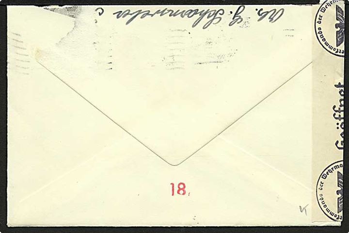 10 øre Bølgelinie i parstykke på brev fra Tønder d. 10.7.1942 til tysk feltpost adresse: Feldpost 34157 (= Kommandierender Admiral in Norwegen). Åbnet af tysk censur i Hamburg.