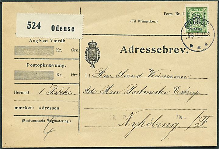 35/32 øre Provisorium single på adressebrev for 2. vægt-klasse (2½ - 5 kg.) pakke fra Odense d. 5.10.1918 til Nykøbing Falster. AFA: 2000,-