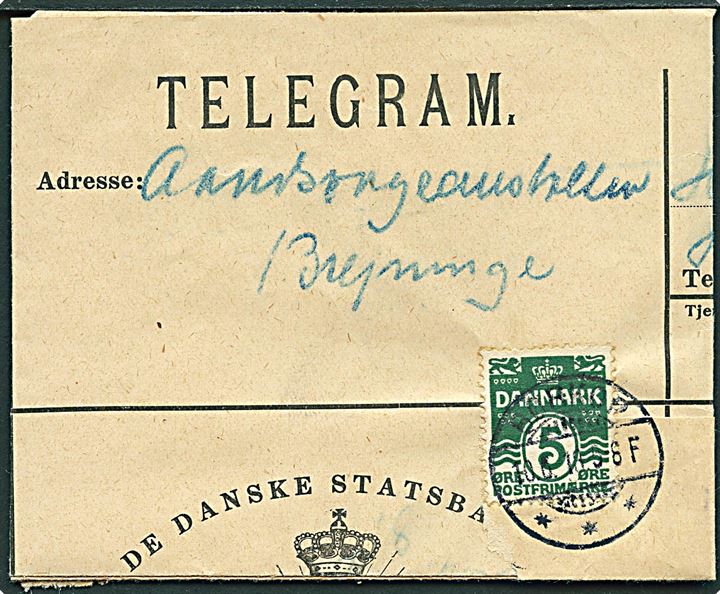 5 øre Bølgelinie på De Danske Statsbaner telegram-formular med meddelelse fra Hjørring stemplet Børkop d. 10.6.1913 til Aandssvageanstalten Brejninge. Vedhæftet DSB kvittering Forml. Nr. A 655 8/1912. Rifter.