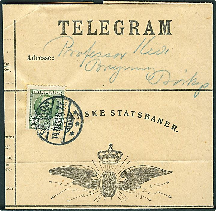5 øre Fr. VIII på De Danske Statsbaner telegramformular m. meddelelse fra Kibæk stemplet Børkop d. 14.11. 1908 til Professor Keller, Brejninge.