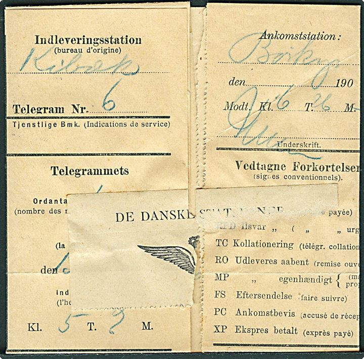 5 øre Fr. VIII på De Danske Statsbaner telegramformular m. meddelelse fra Kibæk stemplet Børkop d. 14.11. 1908 til Professor Keller, Brejninge.