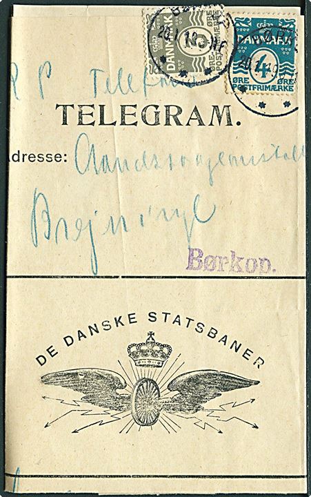 3 øre og 4 øre Bølgelinie på 7 øre frankeret De Danske Statsbaner telegramformular stemplet Børkop d. 20.1. 1919 til Aandssvageanstalten, Brejninge. Påskrevet: RP Telefon. RP = Svar betalt.
