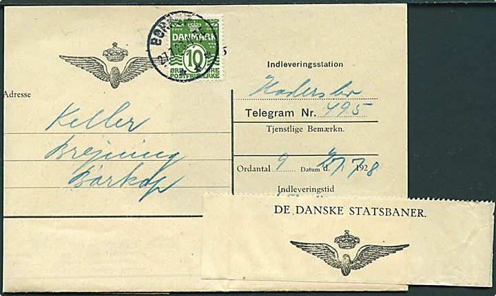 10 øre Bølgelinie på De Danske Statsbaner telegram-formular med meddelelse fra Haderslev stemplet Børkop d. 27.7.1928 til Brejninge.