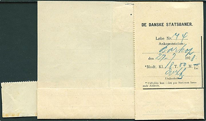 10 øre Bølgelinie på De Danske Statsbaner telegram-formular med meddelelse fra Haderslev stemplet Børkop d. 27.7.1928 til Brejninge.