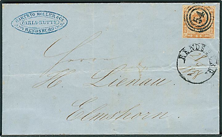 4 sk. 1854 udg. 5.tryk på brev dateret Carlshütte annulleret m. nr.stempel “54” og sidestemplet med 1½-rings-stempel Rendsburg med håndskrevet dato d. 28.4.1858 til Elmshorn. Håndskrevet dato i frimærketiden kendes kun i perioden 7.4.-13.5.1858. 