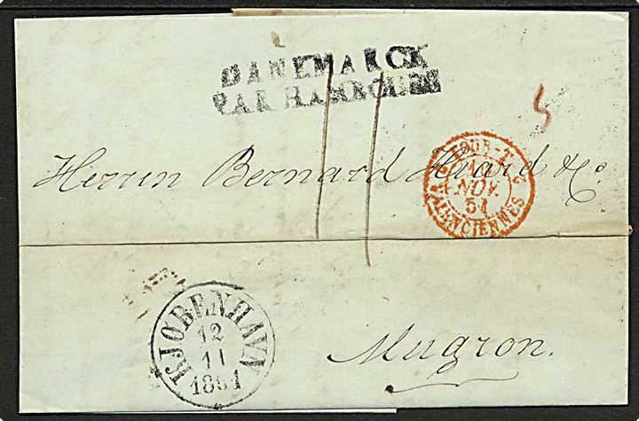 1851. Foldebrev med antiqua stempel Kjøbenhavn d. 12.11.1851 via KDOPA Hamburg til Mugron, Frankrig. Sort liniestempel: DANEMARCK PAR HAMBOURG.