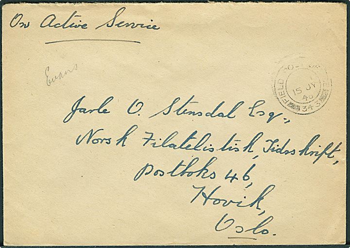 Ufrankeret OAS feltpostbrev stemplet Field Post Office 343 d. 15.7.1945 (= 1st Airborne Division i Norge) til Hovik pr. Oslo. Sjældent FPO stempel.