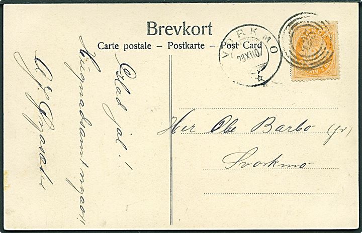 3 øre Posthorn på lokalt brevkort (Opöien i Orkedalen) annulleret med 4-ringsstempel “425” Hostoen brevhus i Orkedalen og sidestemplet Svorkmo d. 28.12.1907.