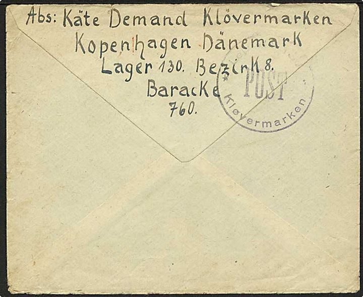 40 øre Posthus-franko frankeret flygtningebrev fra København d. 9.4.1947 til Mandelsloh, Tyskland. På bagsiden stempel: Lejr Nr. 130 Kløvermarken / Post
