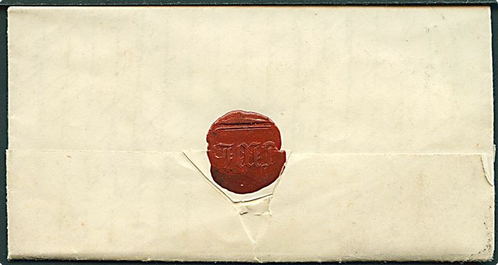1851. Francobrev med 1½-ringsstempel Husum. d. 15.1. 1851 til Hr. Feltpræst Dahlerup i Slesvig. Påskrevet: med Feltpost / Fr. og “1” med rødkridt. Langt indhold. 