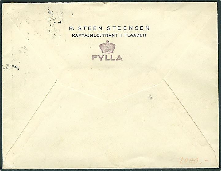 5 øre Chr. X 60 år (2) på brev fra R. Steen Steensen med afs.stempel (krone)/Fylla sendt i marinesæk og stemplet København K. d. 20. 6.1931 til Marinestaben - eftersendt til Strøby-Egede pr. Køge. Inspektionsskib Fylla var i 1931 stationeret ved Island og Færøerne. 