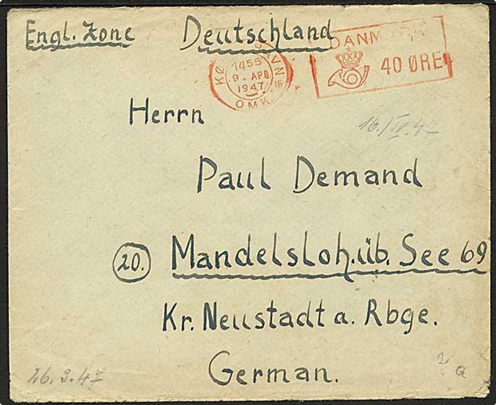 40 øre Posthus-franko frankeret flygtningebrev fra København d. 9.4.1947 til Mandelsloh, Tyskland. På bagsiden stempel: Lejr Nr. 130 Kløvermarken / Post
