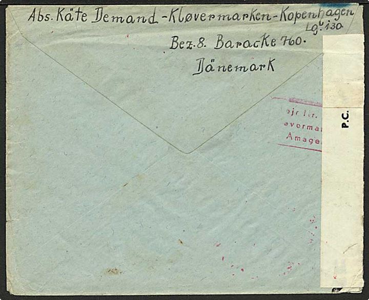 40 øre posthus-franko frankeret flygtningebrev fra København d. 9.8.1946 til Mandelsloh, Tyskland. Åbnet af britisk efterkrigscensur i Tyskland. På bagsiden stempel: Lejr. Nr. 130 Kløvermarken Amager