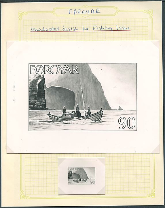 Udkast til ikke udgivet 90 øre Fiskeri udgave ca. 1975. Fotografisk gengivelse i hhv. 2x3½ cm og 9½x14 cm.