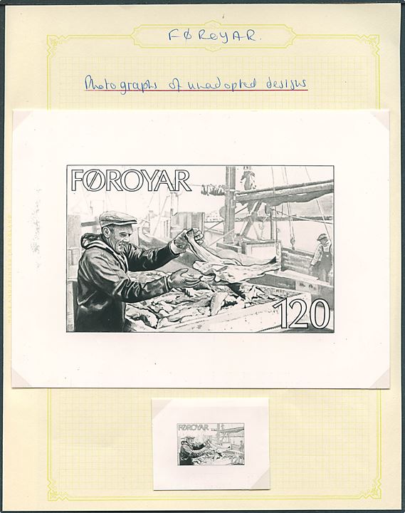 Udkast til ikke udgivet 120 øre Fiskeri udgave ca. 1975. Fotografisk gengivelse i hhv. 2x3½ cm og 9½x14 cm.