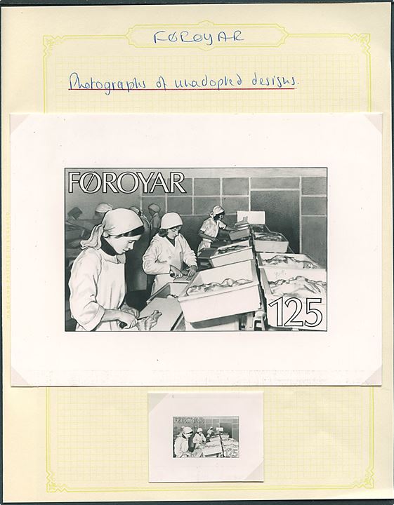 Udkast til ikke udgivet 125 øre Fiskeri udgave ca. 1975. Fotografisk gengivelse i hhv. 2x3½ cm og 9½x14 cm.