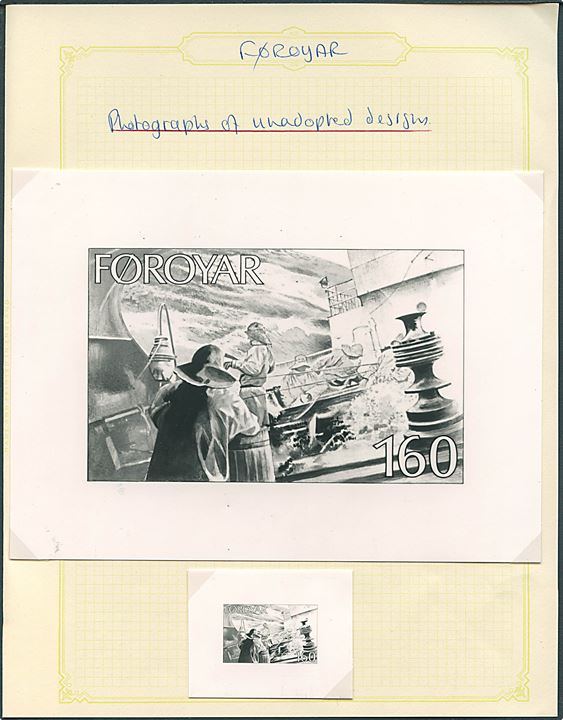 Udkast til ikke udgivet 160 øre Fiskeri udgave ca. 1975. Fotografisk gengivelse i hhv. 2x3½ cm og 9½x14 cm.