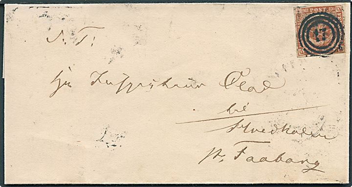 4 R.B.S. Thiele III kastaniebrun på brev annulleret med nr.stempel “17” og sidestemplet på bagsiden med antiqua Fredericia d. 10.11.1854 til Hvedholm pr. Faaborg. Attest Nielsen. AFA 7000,-