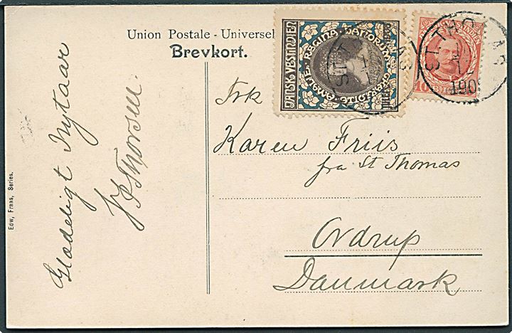 10 øre Fr. VIII og Julemærke 1908 på brevkort (Udsigt over St. Thomas havn) fra St. Thomas d. 10.12.1908 til Ordrup, Danmark.