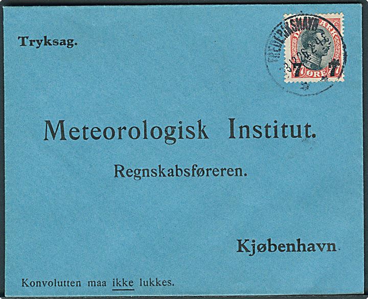 7/27 øre Provisorium single på tryksag fra Frederikshavn d. 13.12.1926 til Meteorologisk Institut, Kjøbenhavn.