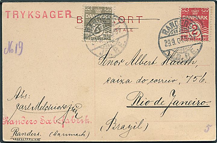 2 øre og 3 øre Bølgelinie på brevkort sendt som tryksag og annulleret med brotype Ia Randers JB.P.E. d. 29.9. 1907 til Rio de Janeiro, Brasilien. God destination.