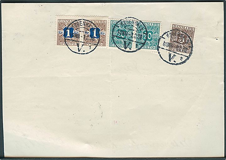 5 øre, 20 øre (par) og 1 kr. (par) Portomærker stemplet København V. d. 1.2.1930 på bagsiden af regning for debiteret porto F. Form. Nr. 45 (15.10-28). Usædvanlig formular.