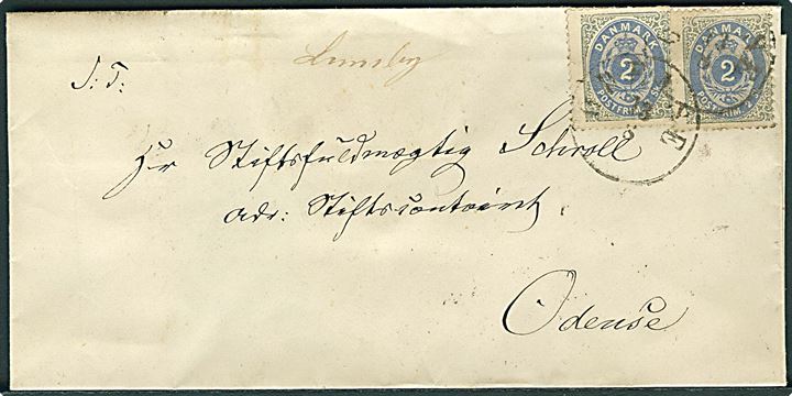 2 sk. Tofarvet (2) på brev annulleret med antiqua Odense d. 13.5.(1873-74) og håndskrevet bynavn Lumby til Odense. Brevsamlingssted oprettet i Lumby i 1879-1882, men håndskrevet bynavn fra Lumby kendes allerede fra skilling-perioden jf. Vagn Jensen. Sjælden.