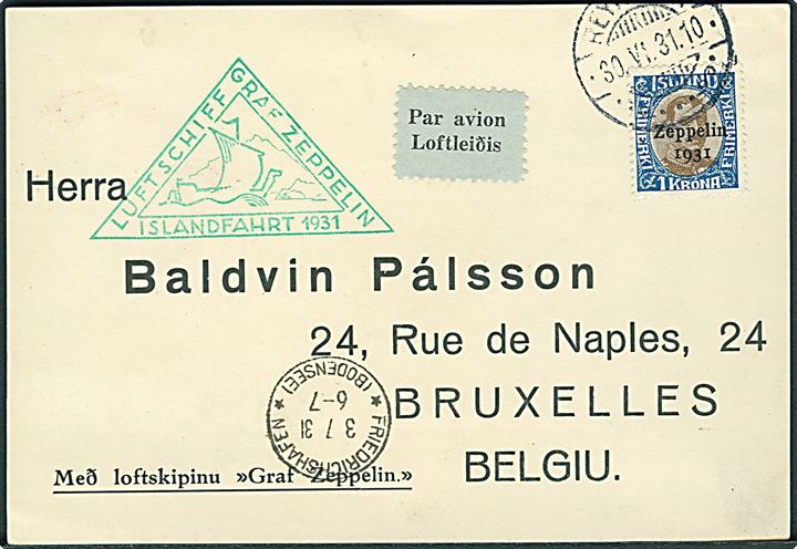 1 kr. “Zeppelin 1931” Provisorium på luftpost brevkort stemplet Reykjavik d. 30.6.1931 via Friedrichshafen til Bruxelles, Belgien. Grønt Zeppelin stempel: Luftschiff Graf Zeppelin / Island 1931.