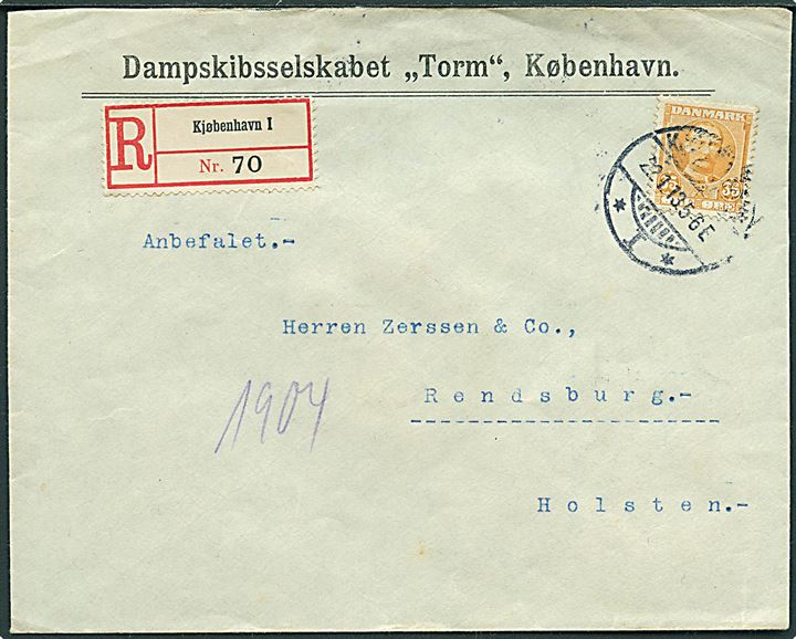 35 øre Fr. VIII single på fortrykt kuvert fra Dampskibs-selskabet “Torm” sendt anbefalet fra Kjøbenhavn d. 22. 1.1913 til Rendsburg, Holstein, Tyskland. 