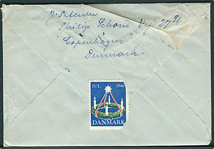 40 øre Chr. X på brev med Julemærke 1946 fra København d. 26.11.1946 til dansk kvindelig postcensor ved Group “B”, Civil Censorship Division USFET (Main), APO 757, U. S. Army (= Frankfurt, Tyskland). Mindre skader.