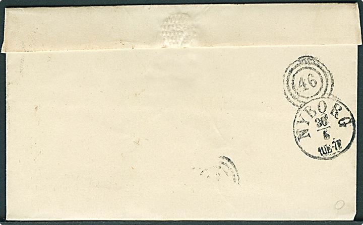 Kro-post. 4 sk. Krone/Scepter på brev annulleret med nr.stempel “51” fra Odense d. 30.5.(ca.1868) via Nyborg til Brahetrolleborg aflægges i Corinth Kroen. Påskrevet:Kværndrup. Corinth Kro var brevsamlingssted under Kværndrup 1865-1874. Flot forsendelse.