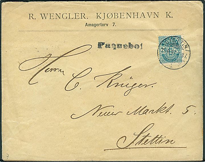 20 øre Våben på skibsbrev fra Kjøbenhavn annulleret med tysk stempel i Stettin d. 25.6.1897 og sidestemplet med sort skibsstempel Paquebot til Stettin, Tyskland.