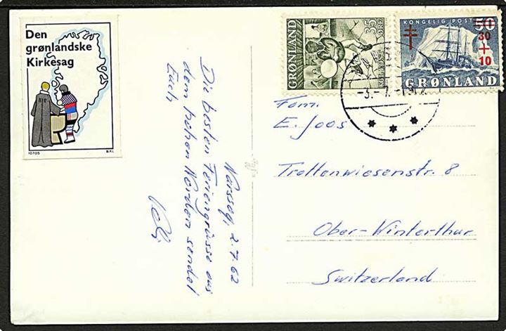 30+10 øre Tuberkulosefond og 35 øre Trommedanser på brevkort fra Narssaq d. 3.7.1962 til Schweiz. Mærke yderligt placeret.