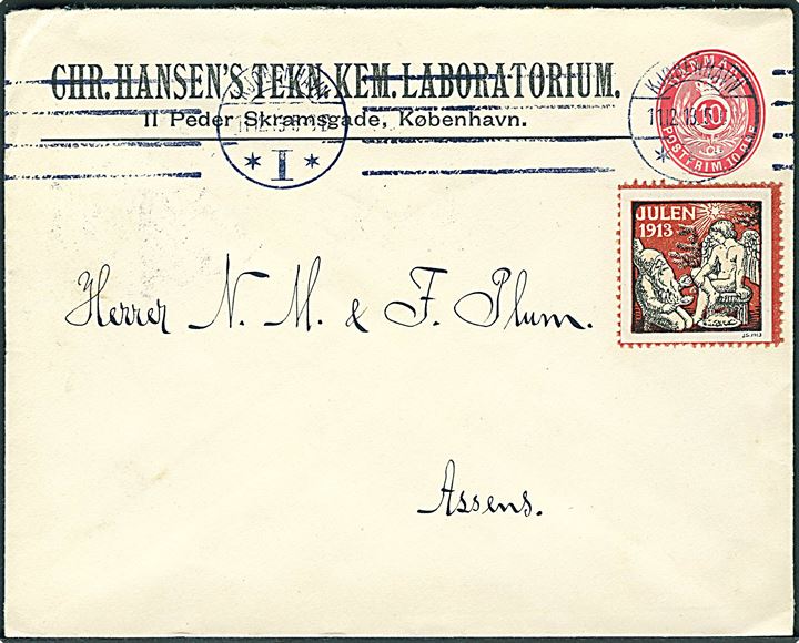 10 øre helsagskuvert med firmatritryk fra Chr. Hansen’s Tekn. Kem. Laboratorium med Julemærke 1913 fra Kjøbenhavn d. 11.12.1913 til Assens.