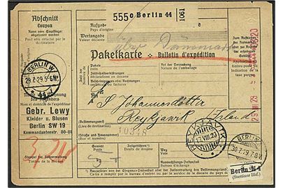 3,20 mk. franko frankeret internationalt adressekort for pakke fra Berlin d. 29.7.1929 via København til Reykjavik, Island. Påskrevet: über Dänemark.