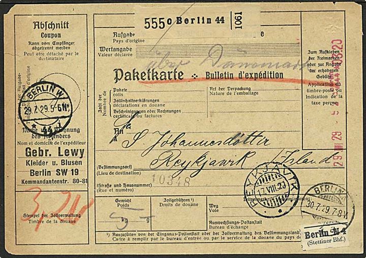 3,20 mk. franko frankeret internationalt adressekort for pakke fra Berlin d. 29.7.1929 via København til Reykjavik, Island. Påskrevet: über Dänemark.