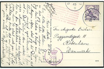 10 öre Gustaf på brevkort fra Stockholm d. 24.11.1943 til København. Tilbageholdt i Sverige med rødt 7-linie stempel og frigivet efter krigen i 1945. Dansk efterkrigs-censur (krone)/318/Danmark. 