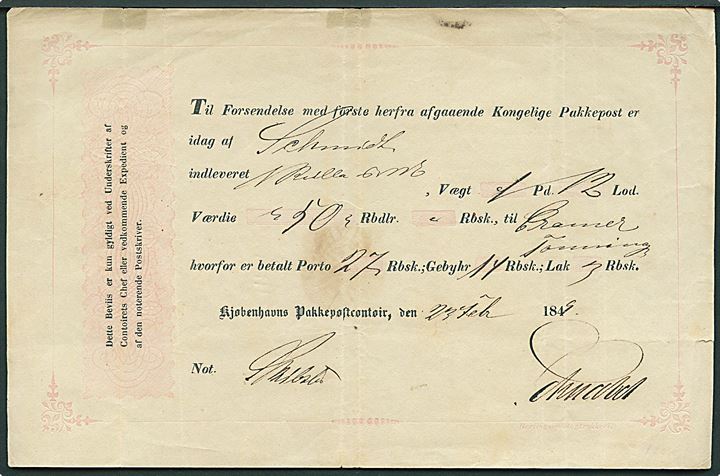 Postbevis fra Kjøbenhavns Pakkepostcontoir - trykt af Berlingske Bogtrykkeri - for pakke med angivet værdi 50 Rdl. d. 23.2.1849 til Tönningen. Betalt Porto 27 RBS, Gebyr 14 RBS og for lak 3 RBS. Dekorativ.