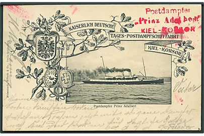 Tysk 5 pfg. Germania på brevkort (Postdampfer Prinz Adalbert) annulleret med bureaustempel Hamburg - Kiel Zug 39 d. 14.8.1903 til Berlin. På bagsiden rødt stempel: Postdampfer “Prinz Adalbert” Kiel - Korsør.