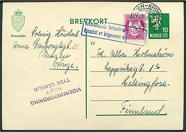 10 øre helsagsbrevkort med 5 øre Posthorn fra Bergen-Kronstad d. 28.5.1940 til Helsingfors, Finland. Dobbelt censureret med violet: Viderebefordret tillatt Tysk Censur (13x42 mm) og blå 2-sproget finsk censur.
