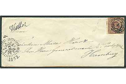 4 R.B.S. Thiele II sortbrun på dampskibsbrev med håndskrevet bynavn Vedbek annulleret med nr.stempel “1” og sidestemplet kompasstempel Kjøbenhavn d. 15.9.1853 til Hamburg. Ankomst stemplet med blå antiqua K.D.O.P.A. Hamburg d. 16.9.1853.