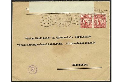 10 öre Gustaf i parstykke på brev fra Stockholm d. 25.10.1918 til Elberfeld, Tyskland. Åbnet af tysk censur.
