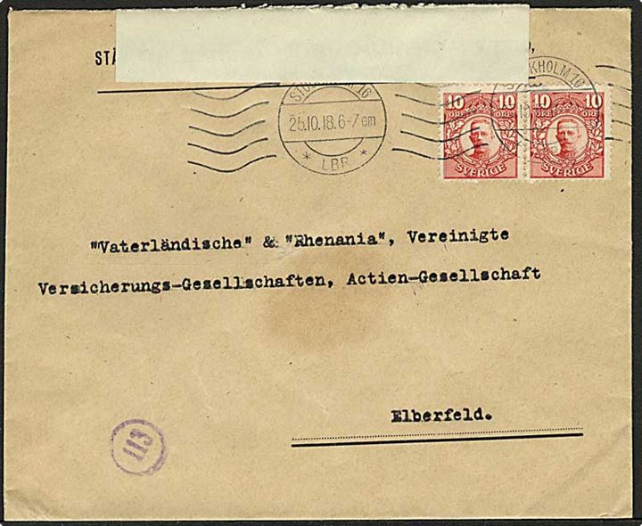 10 öre Gustaf i parstykke på brev fra Stockholm d. 25.10.1918 til Elberfeld, Tyskland. Åbnet af tysk censur.