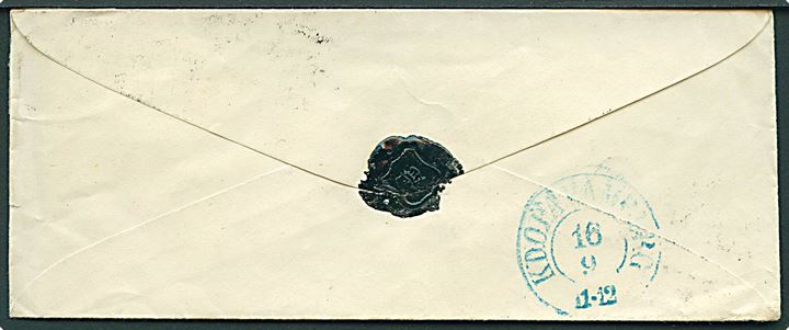 4 R.B.S. Thiele II sortbrun på dampskibsbrev med hånd-skrevet bynavn Vedbek annulleret med nr.stempel “1” og sidestemplet kompasstempel Kjøbenhavn d. 15.9.1853 til Hamburg. Ankomst stemplet med blå antiqua K.D.O.P.A. Hamburg d. 16.9.1853.