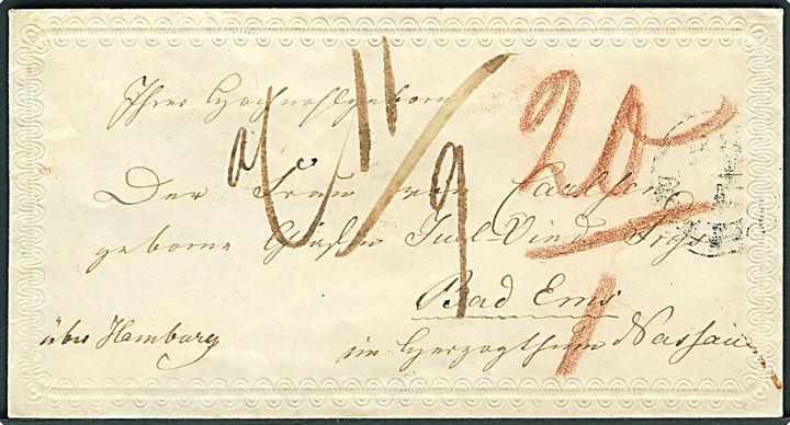 1852. Sirbrev sendt som portobrev m. 1½-ringsstempel Horsens d. 1.9.1852 via K.D.O.P.A. Hamburg til Bad Ems, i Herzogtum Nassau. Mange portopåtegninger, analyse vedlagt. Dekorativ forsendelse.
