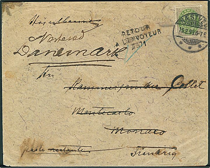 25 øre Tofarvet single på brev fra Næstved d. 15.2.1898 til poste restante i Monte Carlo, Monaco. Retur som ikke afhentet med flere stempler. Overfrankeret med 5 øre. Retur til Næstved d. 29.4.1898. Sjælden destination.